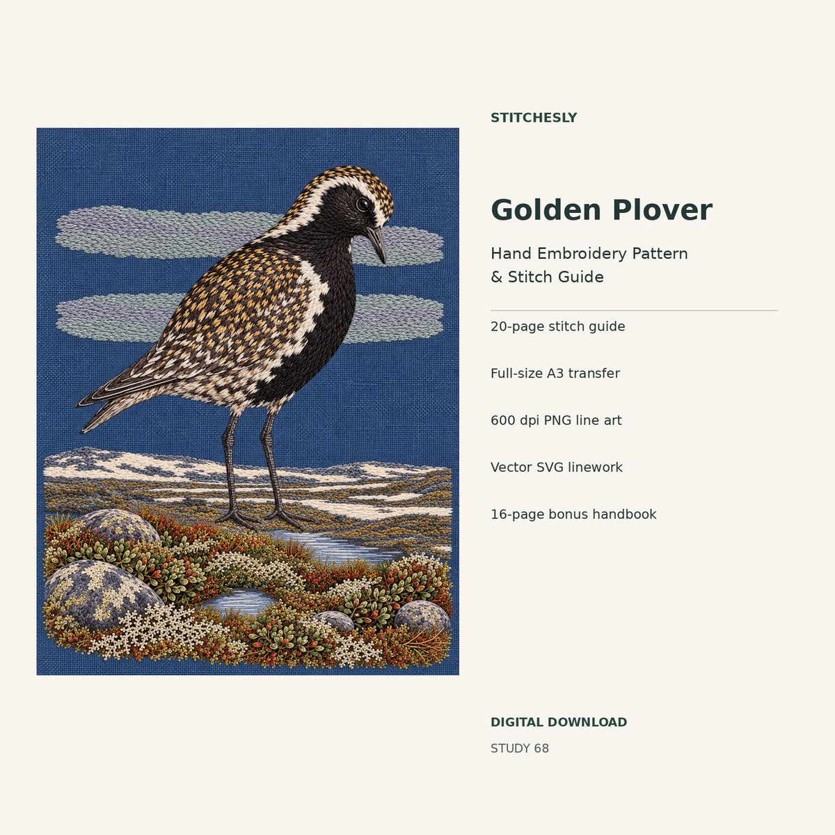 Golden Plover hand embroidery digital package cover showing the reference artwork and included guide, transfer, PNG, SVG and bonus handbook.