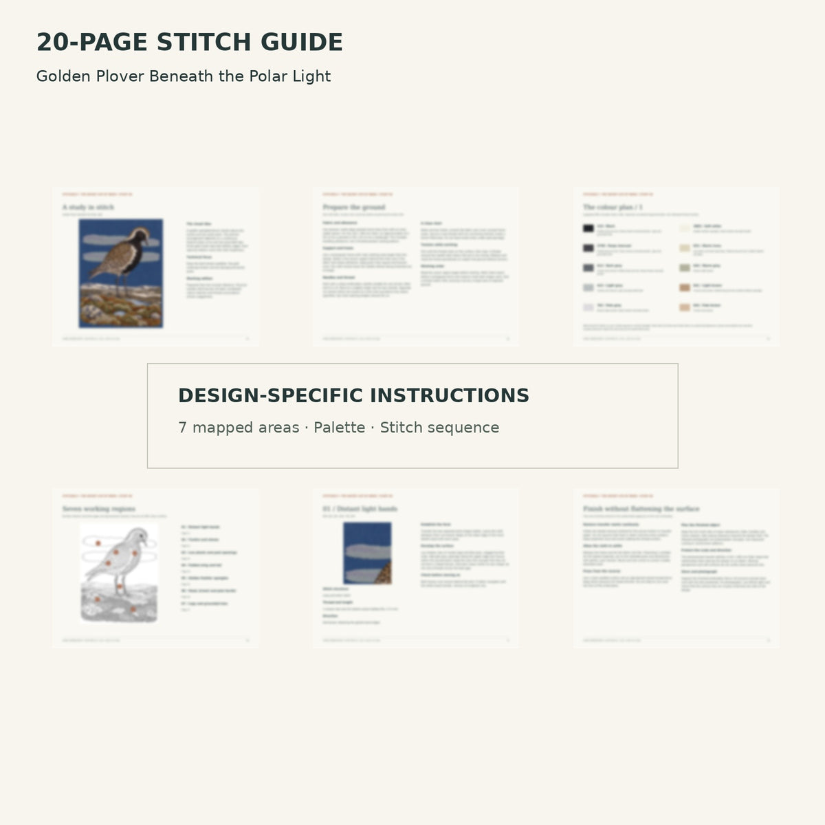 Protected page overview of the 20-page Golden Plover stitch guide, including its numbered map, suggested palette and working sequence.