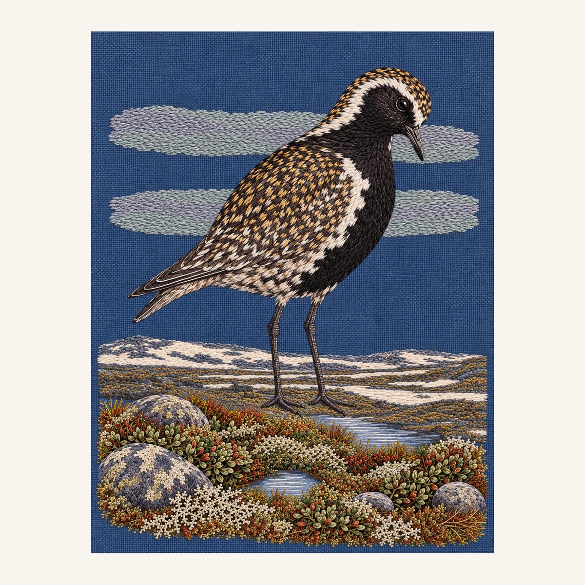 Digital embroidery reference showing a golden plover above tundra pools on deep washed storm-blue linen, portrait composition.