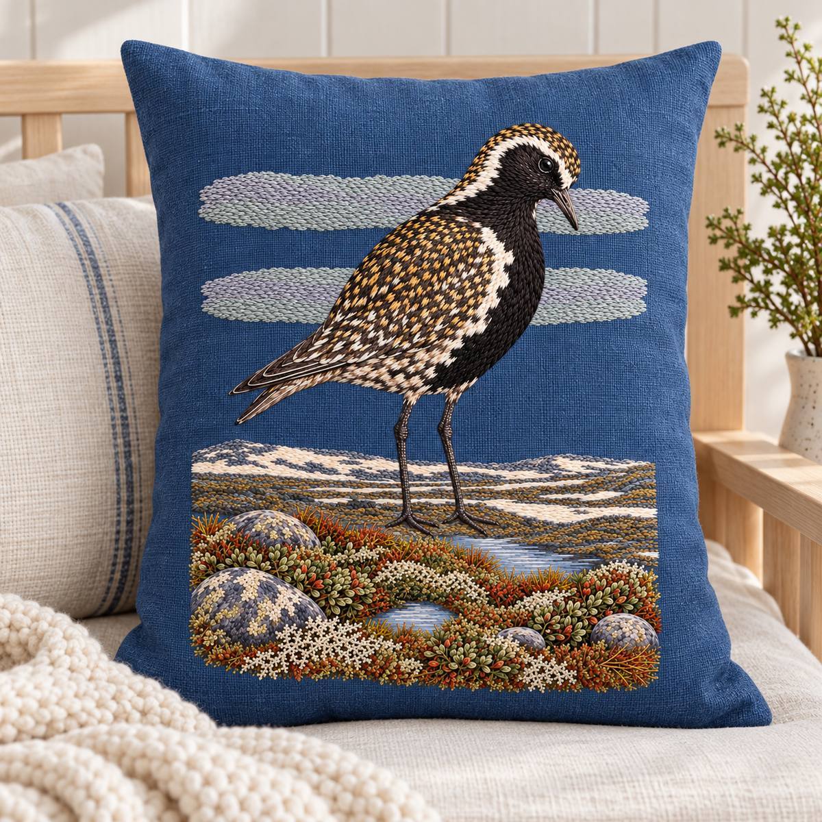 Golden Plover embroidery design in a digital mockup of A tall linen bolster-style rectangular cushion against a pale birch daybed end, upright23. motif, cushion36x48cm. Placement inspiration for Study 68.