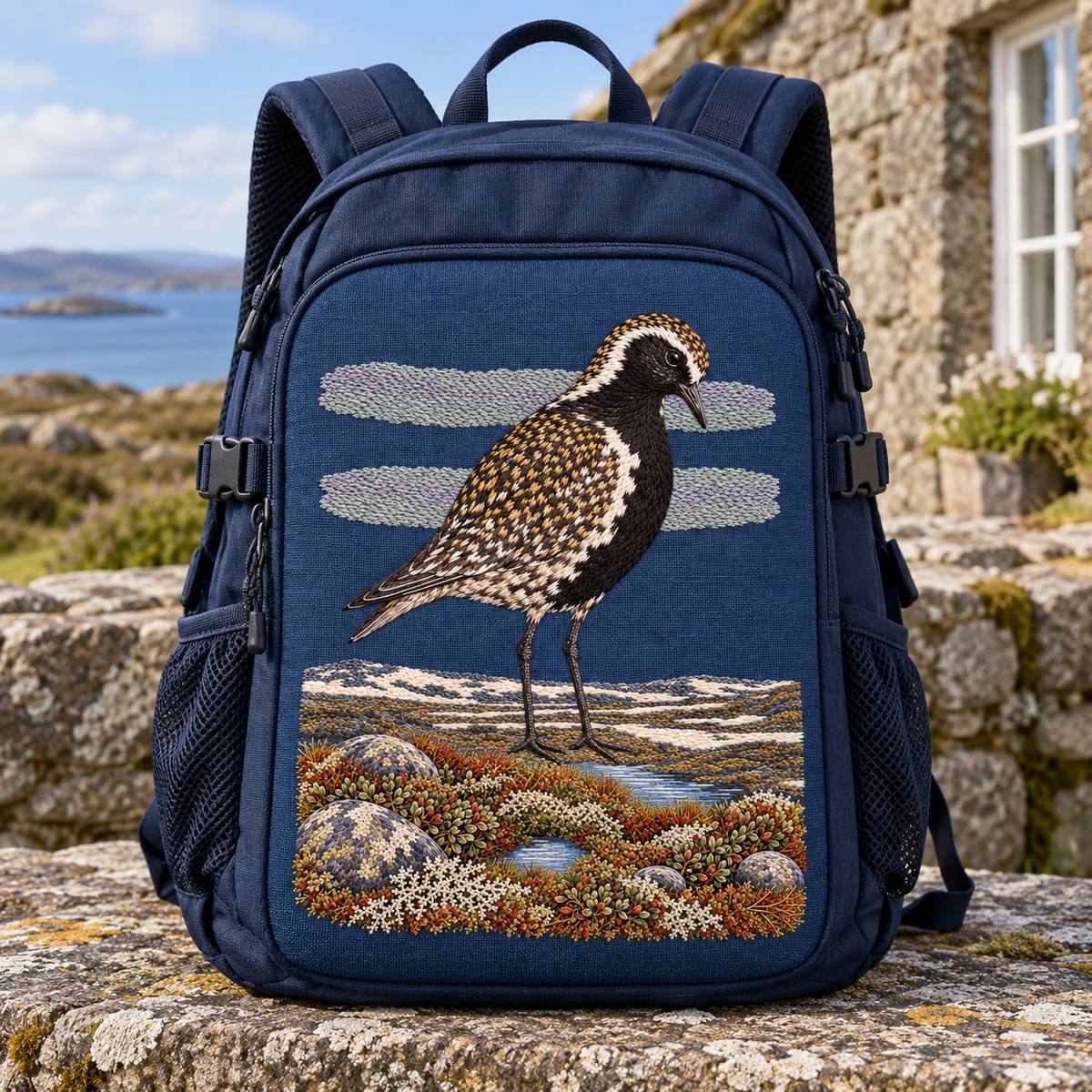 Golden Plover embroidery design in a digital mockup of A portrait front pocket on a dark navy hiking backpack, straps kept outside complete motif, standing on a stone cottage bench. Placement inspiration for Study 68.