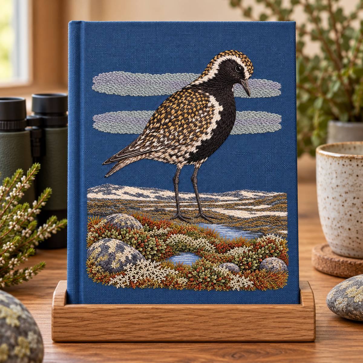 Golden Plover embroidery design in a digital mockup of A portrait cloth cover on a tall birdwatching notebook resting upright in an oak desktop cradle, no lettering. Placement inspiration for Study 68.