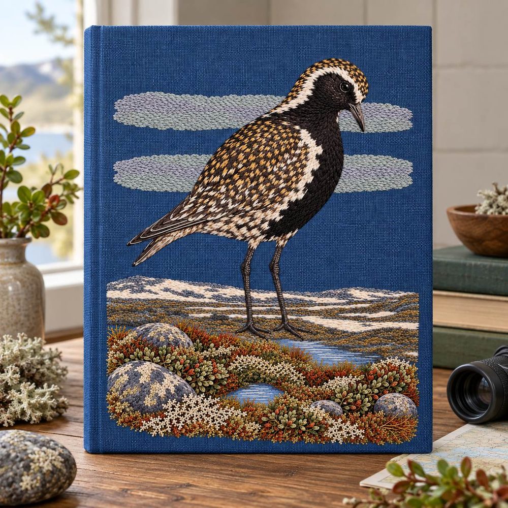 Golden Plover embroidery design in a digital mockup of A tall freestanding display binder with embroidered cloth exterior on an archival table, full portrait motif straight-on. Placement inspiration for Study 68.