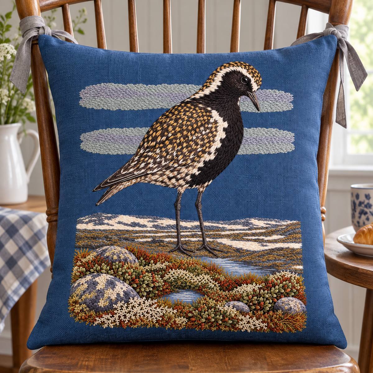 Golden Plover embroidery design in a digital mockup of A portrait cushion tied to a spindle chair back with plain grey ties outside the panel, blue cloth and simple quiet breakfast nook. Placement inspiration for Study 68.