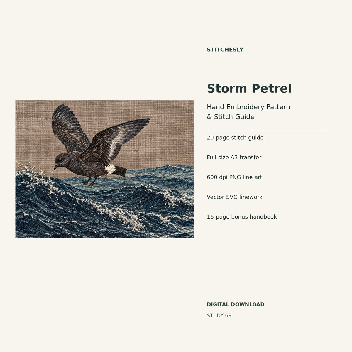 Storm Petrel hand embroidery digital package cover showing the reference artwork and included guide, transfer, PNG, SVG and bonus handbook.