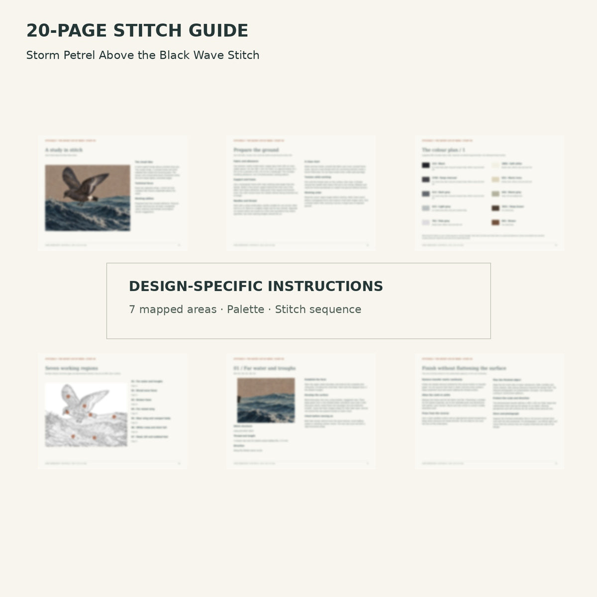 Protected page overview of the 20-page Storm Petrel stitch guide, including its numbered map, suggested palette and working sequence.