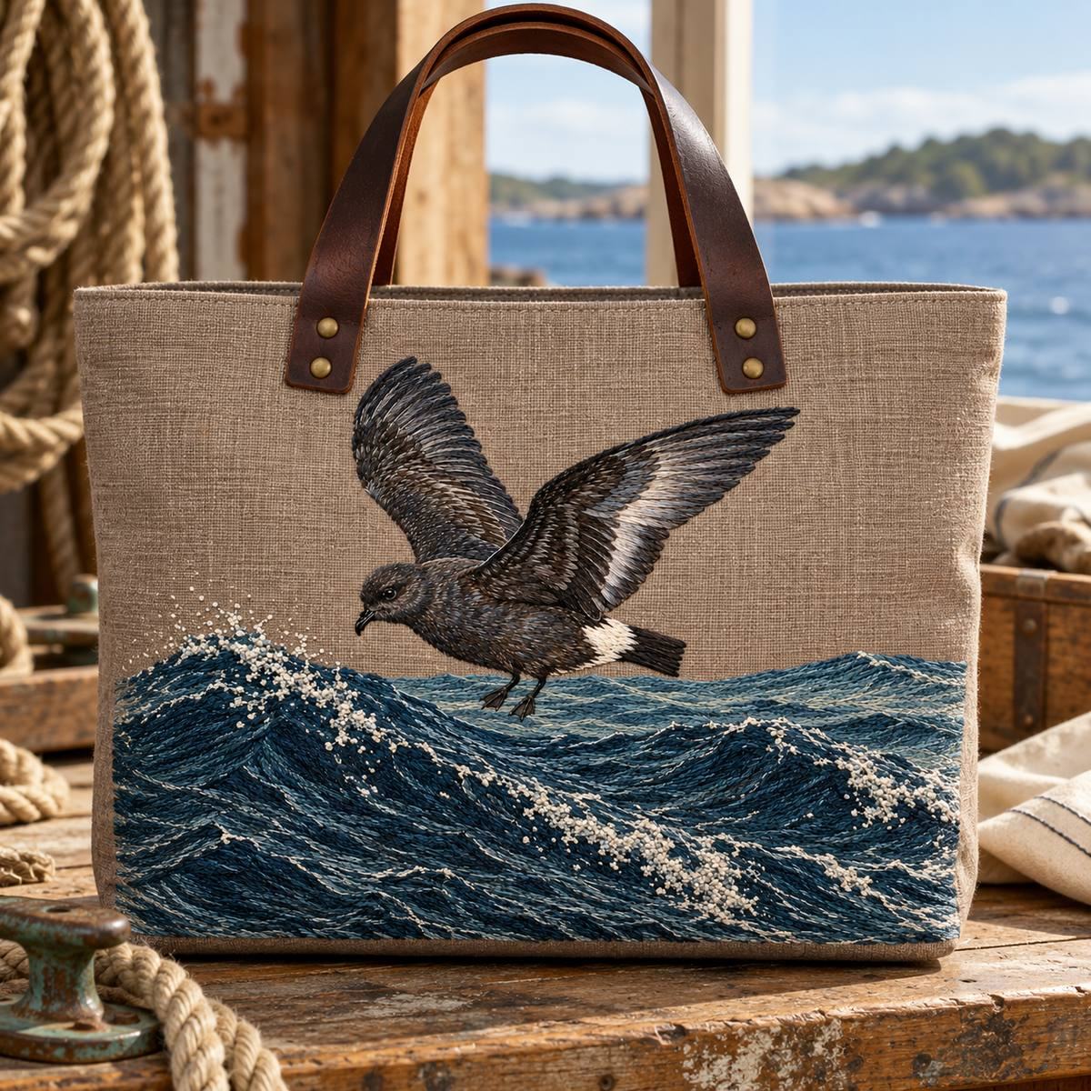 Storm Petrel embroidery design in a digital mockup of A wide canvas sailmaker bag with warm copper-grey embroidered front, resting on a marine workbench, dark leather handles outside motif. Placement inspiration for Study 69.