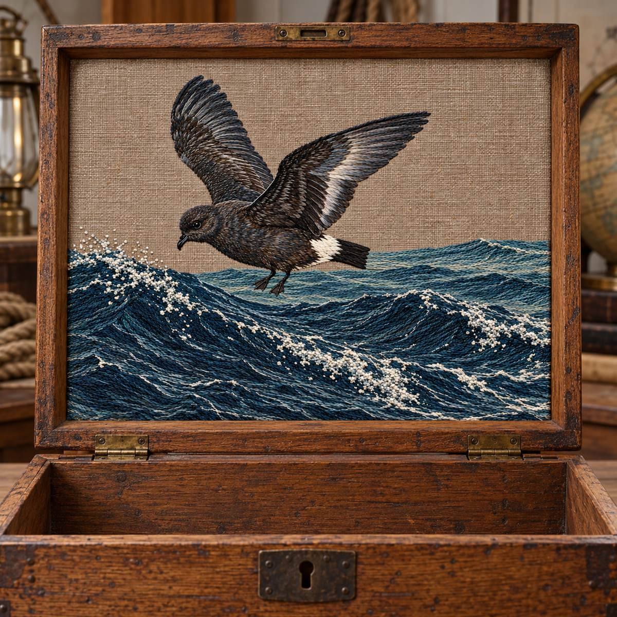 Storm Petrel embroidery design in a digital mockup of A landscape panel in the inside lid of a weathered oak chart chest, lid upright, waves at bottom, no map covers artwork. Placement inspiration for Study 69.