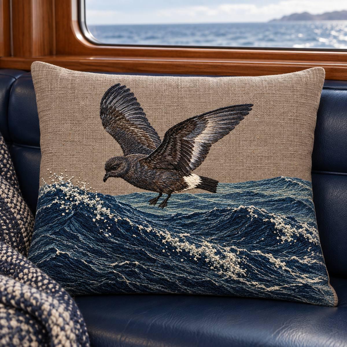 Storm Petrel embroidery design in a digital mockup of A landscape copper-grey cushion on a deep navy leather cabin banquette, low window and diffuse ocean daylight. Placement inspiration for Study 69.