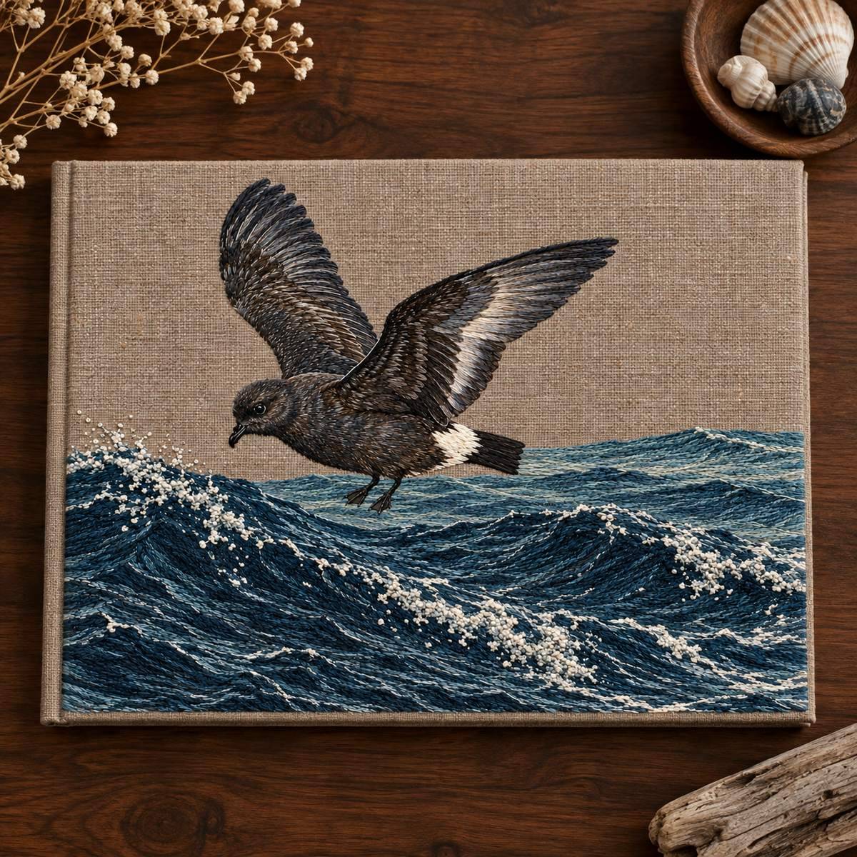 Storm Petrel embroidery design in a digital mockup of A broad linen-covered sea-log portfolio on a dark walnut table, full landscape motif from overhead, no words. Placement inspiration for Study 69.