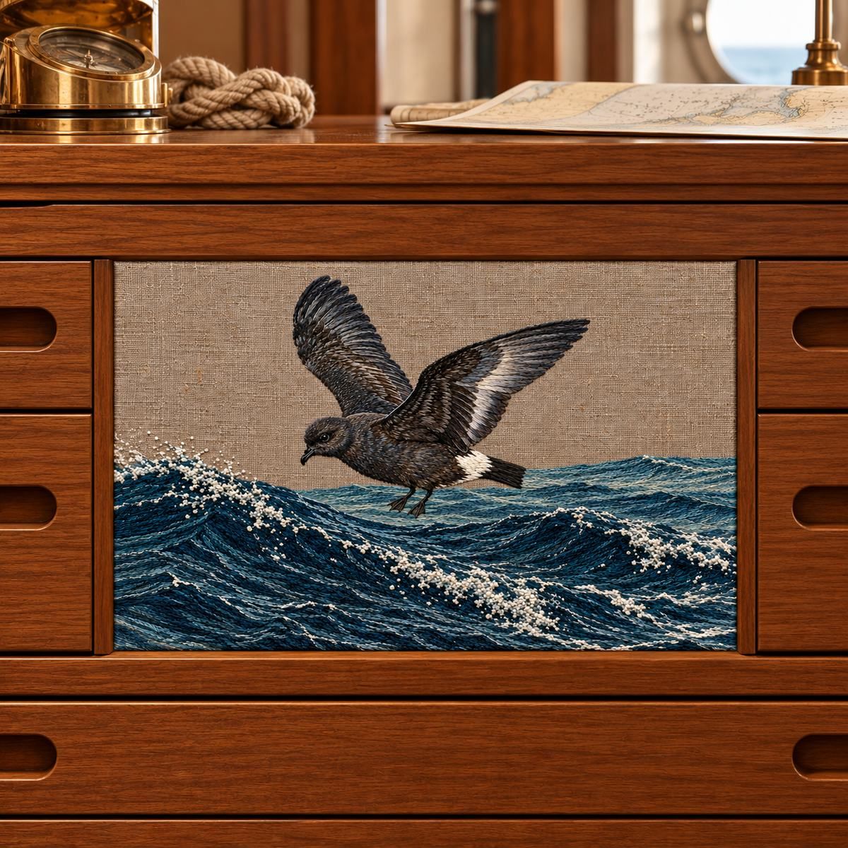 Storm Petrel embroidery design in a digital mockup of A landscape textile front on a low teak drawer unit beside a boat model out of focus, complete petrel unblocked. Placement inspiration for Study 69.