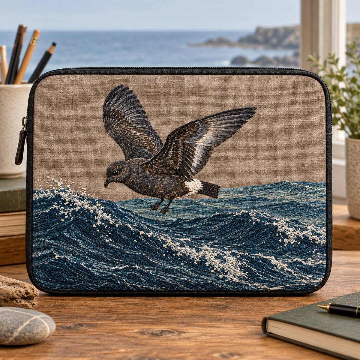 Storm Petrel embroidery design in a digital mockup of A broad copper-grey fabric sleeve on a rectangular document case, black zipper along outer edge, coastal office. Placement inspiration for Study 69.