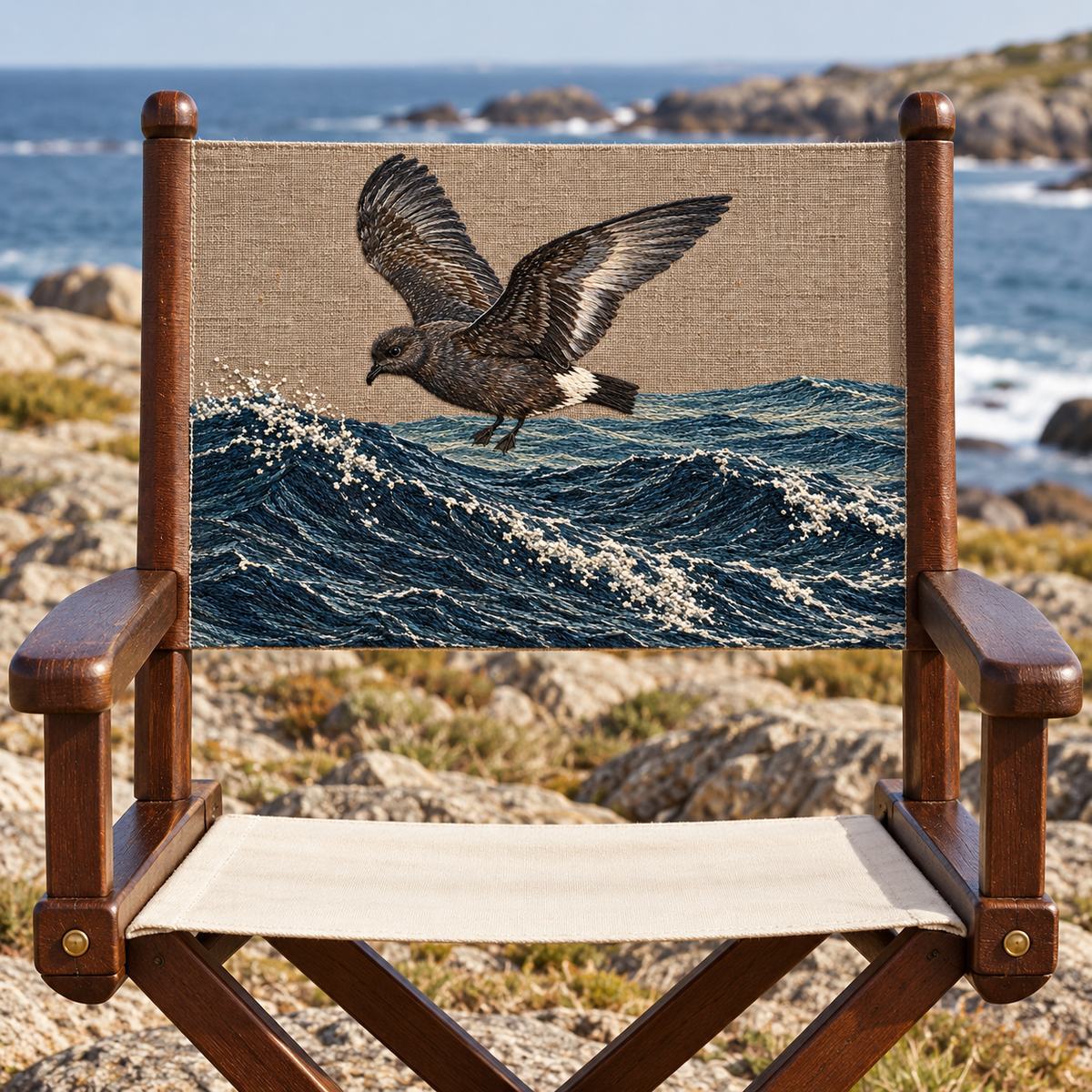 Storm Petrel embroidery design in a digital mockup of A landscape sailcloth chair-back insert on a dark wood directors chair, front view, original copper-grey motif field. Placement inspiration for Study 69.