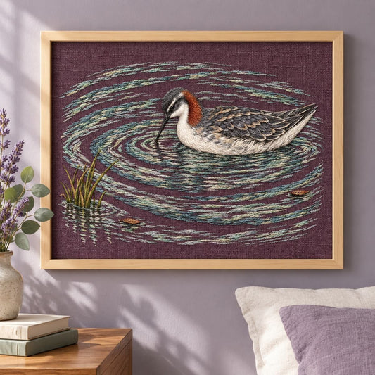 Phalarope embroidery design shown in a digital mockup of A landscape panel framed with pale maple on a lavender-grey bedroom wall, natural light, full three broken ripples visible. Study 70.