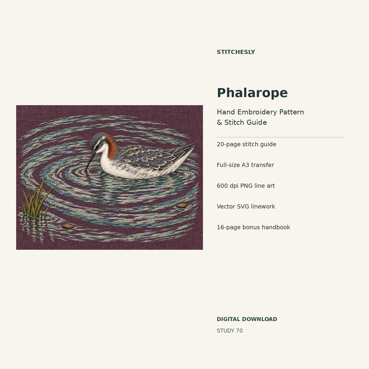 Phalarope hand embroidery digital package cover showing the reference artwork and included guide, transfer, PNG, SVG and bonus handbook.