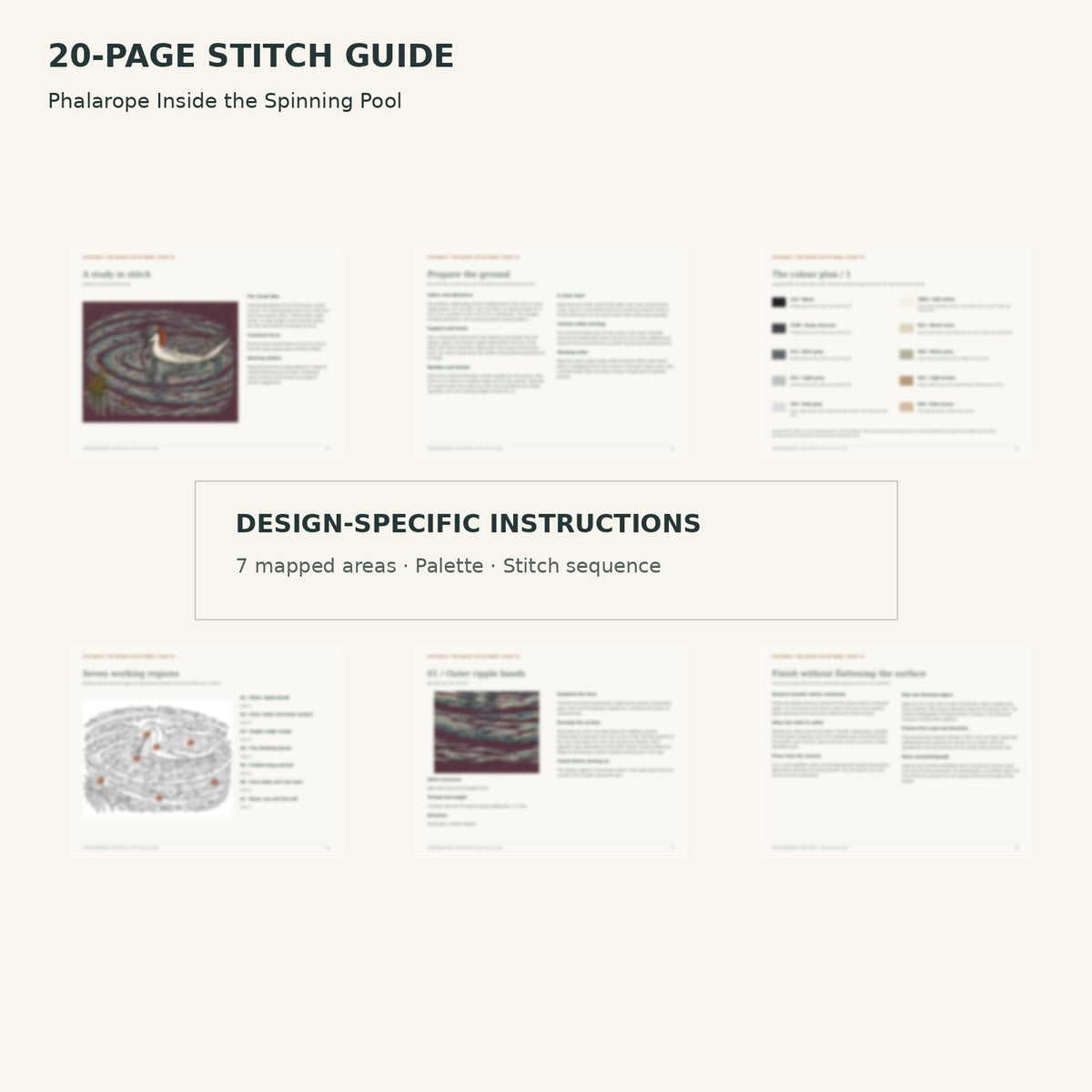 Protected page overview of the 20-page Phalarope stitch guide, including its numbered map, suggested palette and working sequence.