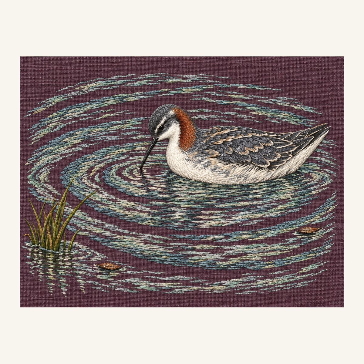 Digital embroidery reference showing a phalarope within interrupted ripples on deep smoky mulberry-plum linen, landscape composition.