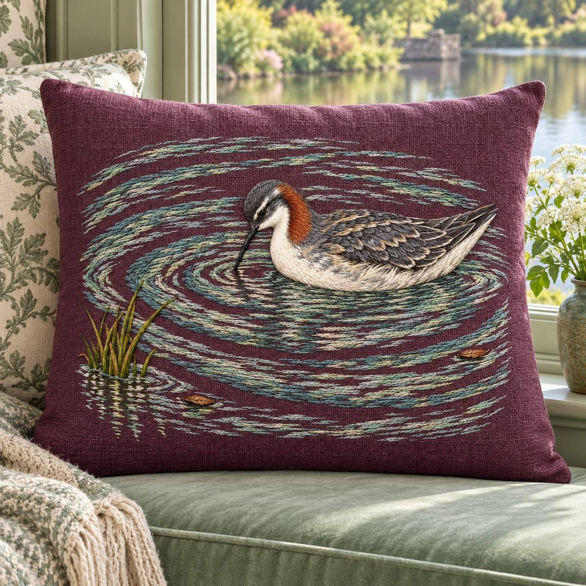 Phalarope embroidery design in a digital mockup of A broad mulberry linen cushion on a soft celadon velvet window seat, landscape swimming bird centred, calm lake garden beyond. Placement inspiration for Study 70.