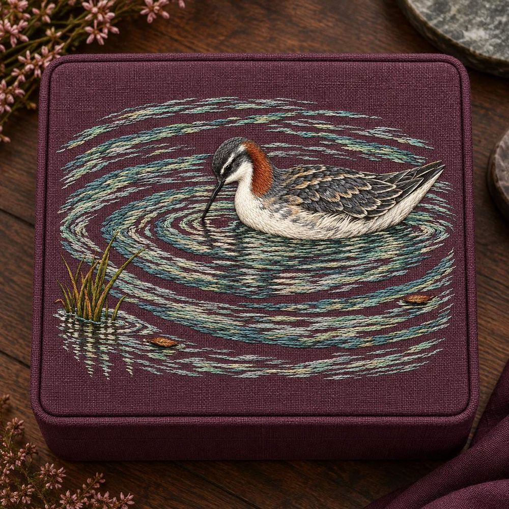 Phalarope embroidery design in a digital mockup of A landscape textile inset in the top of a plum fabric jewellery case, lid closed viewed overhead, no jewellery on design. Placement inspiration for Study 70.