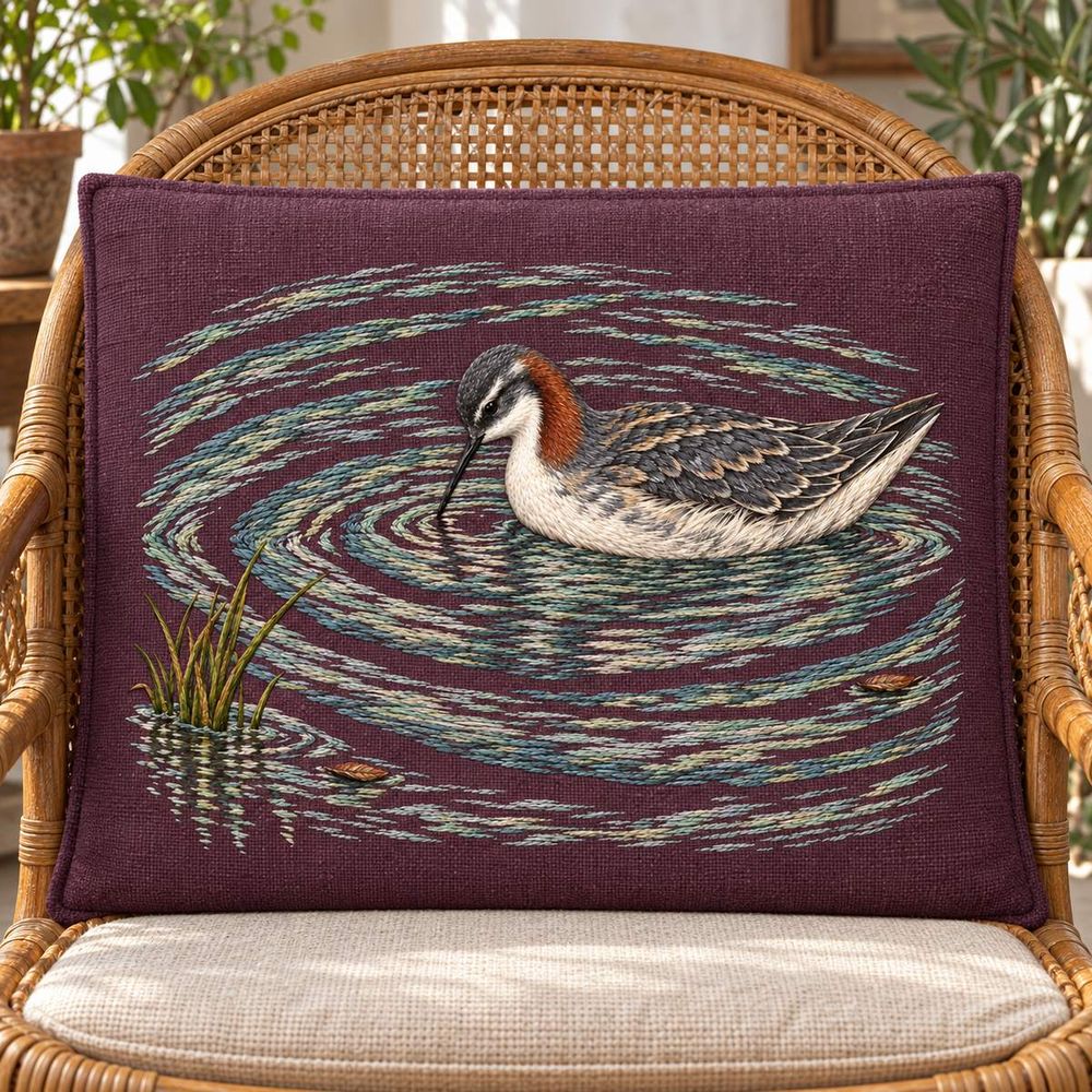 Phalarope embroidery design in a digital mockup of A broad mulberry embroidery panel on an oval-backed rattan chair, rectangular cloth panel preserved within plain surround. Placement inspiration for Study 70.