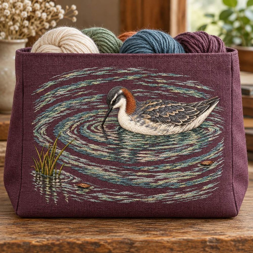 Phalarope embroidery design in a digital mockup of A wide gusseted knitting project basket with mulberry landscape textile front, yarn only visible above rim, no straps across motif. Placement inspiration for Study 70.