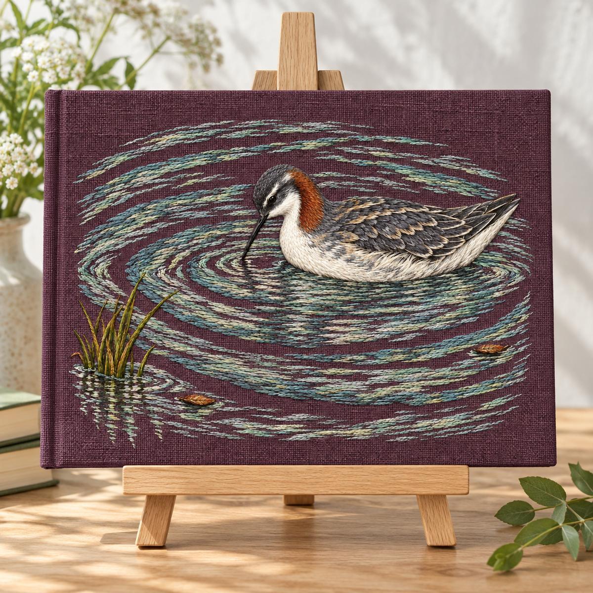 Phalarope embroidery design in a digital mockup of A landscape cloth cover on a watercolour album on a pale oak easel, entire design visible, no paint near embroidery. Placement inspiration for Study 70.