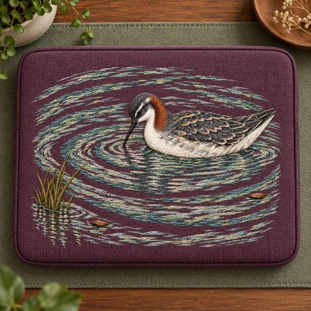 Phalarope embroidery design in a digital mockup of A broad padded laptop folio in mulberry linen on a sage felt desk mat, landscape panel30x23.; no device visible. Placement inspiration for Study 70.