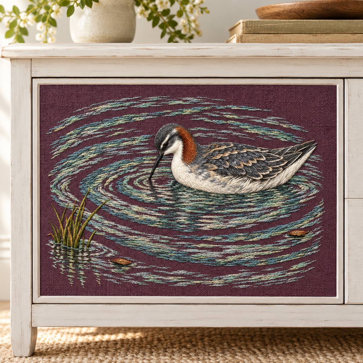 Phalarope embroidery design in a digital mockup of A landscape textile front in a whitewashed linen cupboard drawer, mulberry panel with full water and lower-left sedge. Placement inspiration for Study 70.
