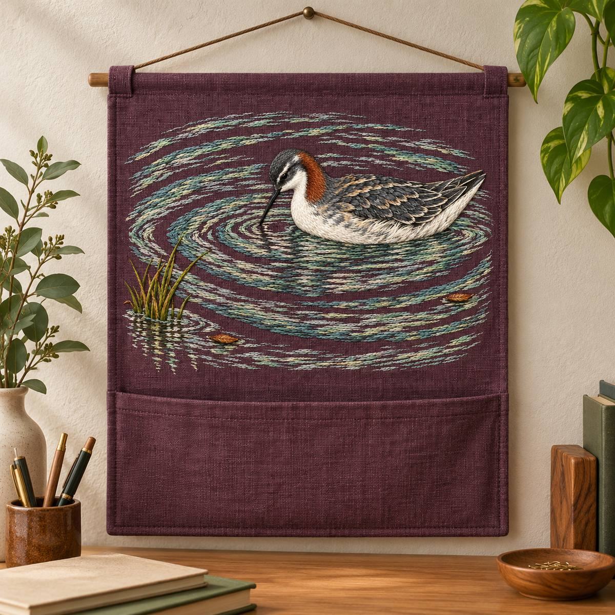 Phalarope embroidery design in a digital mockup of A landscape wall organiser above a writing desk with embroidery on upper flat panel and one plain mulberry pocket below. Placement inspiration for Study 70.