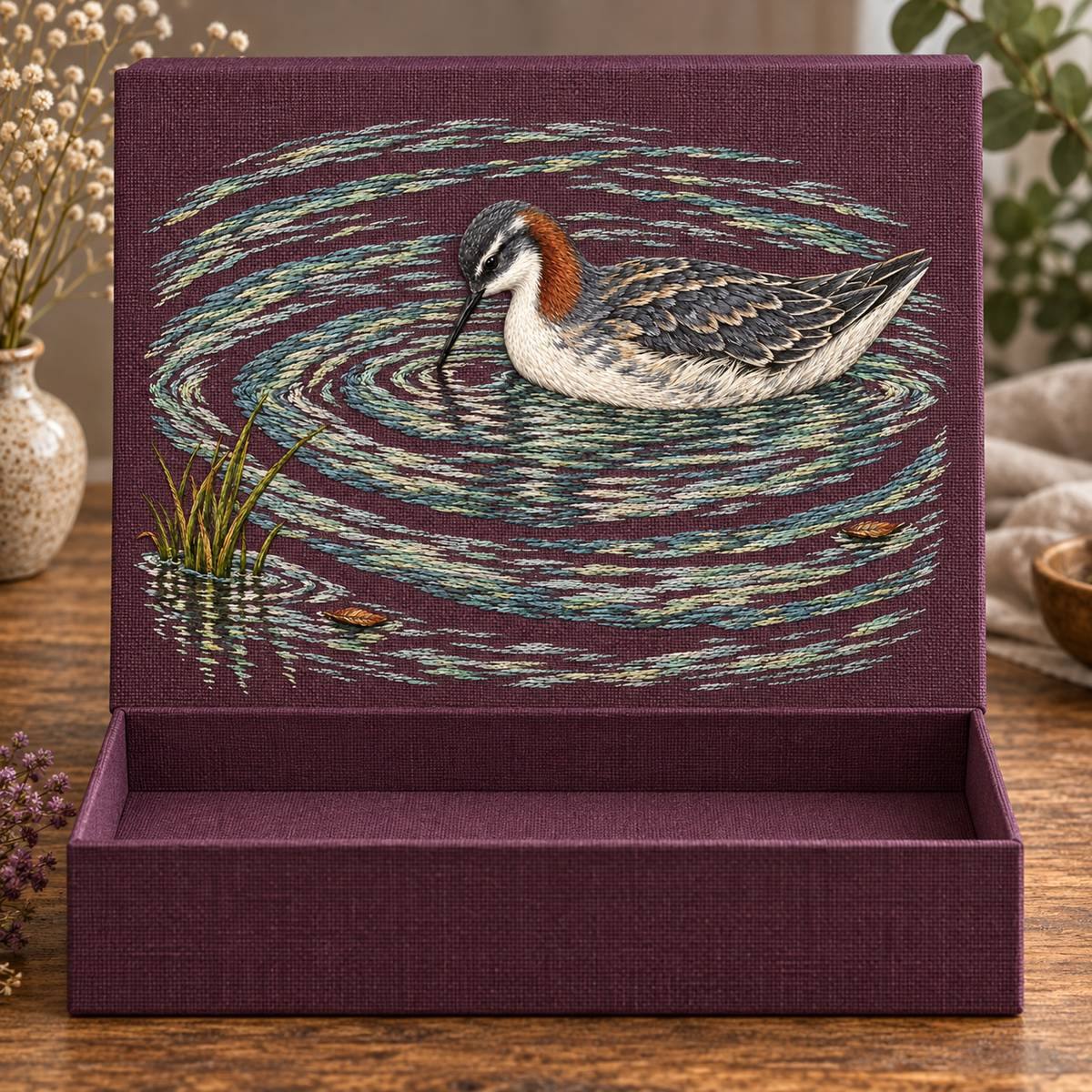 Phalarope embroidery design in a digital mockup of A broad mulberry fabric gift box with removable embroidered lid propped upright behind the plain base, full motif facing camera. Placement inspiration for Study 70.