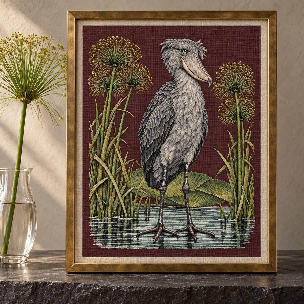 Shoebill embroidery design shown in a digital mockup of Upright shoebill embroidery inset in a tall brass museum-style specimen display frame, standing on a slate plinth beside a single papyrus stem in a plain glass vase. Study 71.
