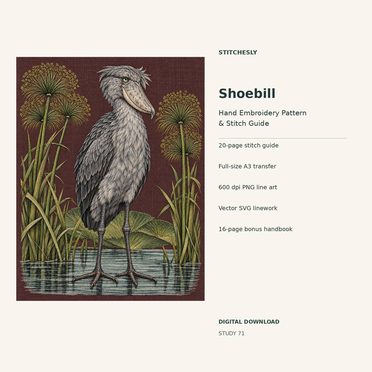 Shoebill hand embroidery digital package cover showing the reference artwork and included guide, transfer, PNG, SVG and bonus handbook.