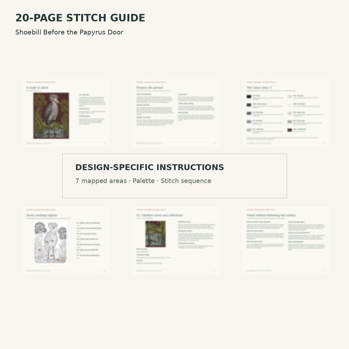 Protected page overview of the 20-page Shoebill stitch guide, including its numbered map, suggested palette and working sequence.
