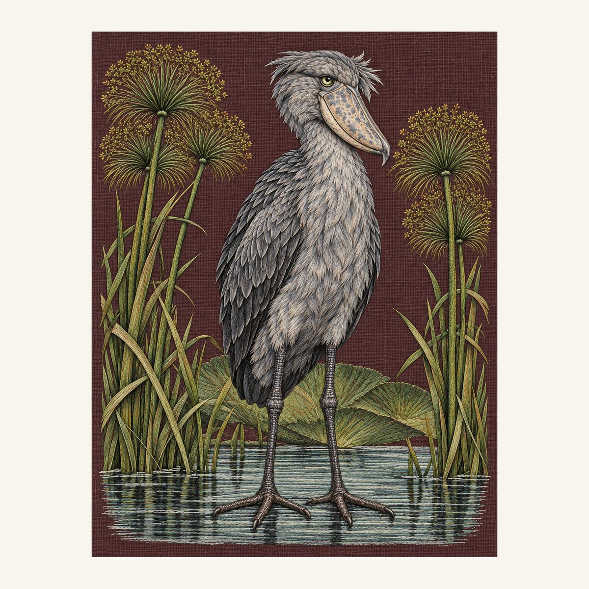 Digital embroidery reference showing a shoebill framed by papyrus heads on muted burgundy-brown linen, portrait composition.