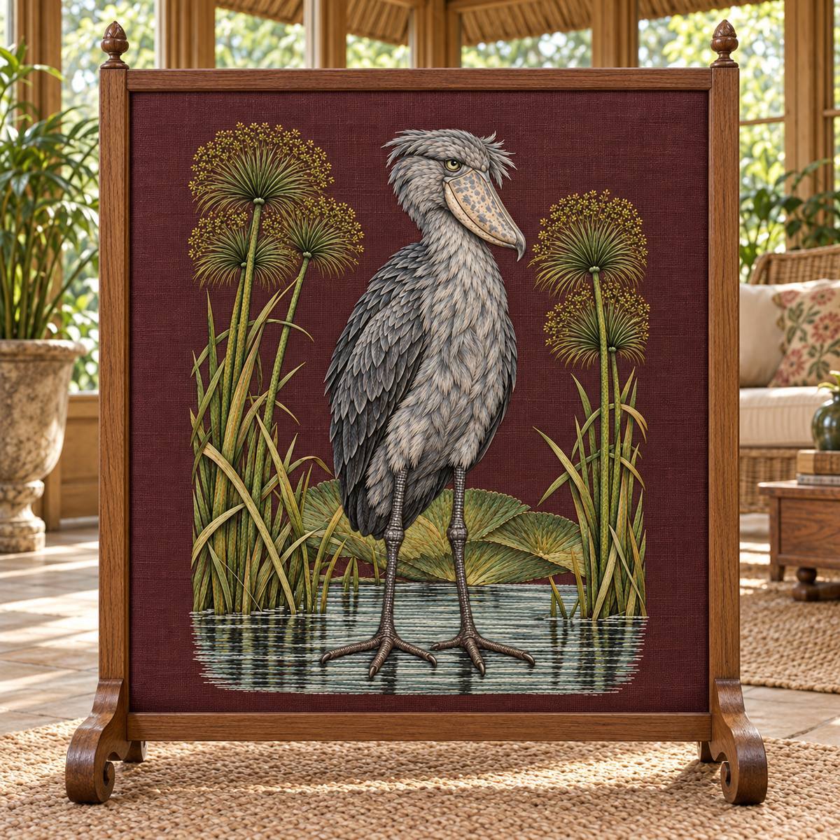 Shoebill embroidery design in a digital mockup of Large burgundy linen front panel of a freestanding oak firescreen, front-on in a quiet reed-thatched conservatory; no fire, no lattice crossing the motif. Placement inspiration for Study 71.