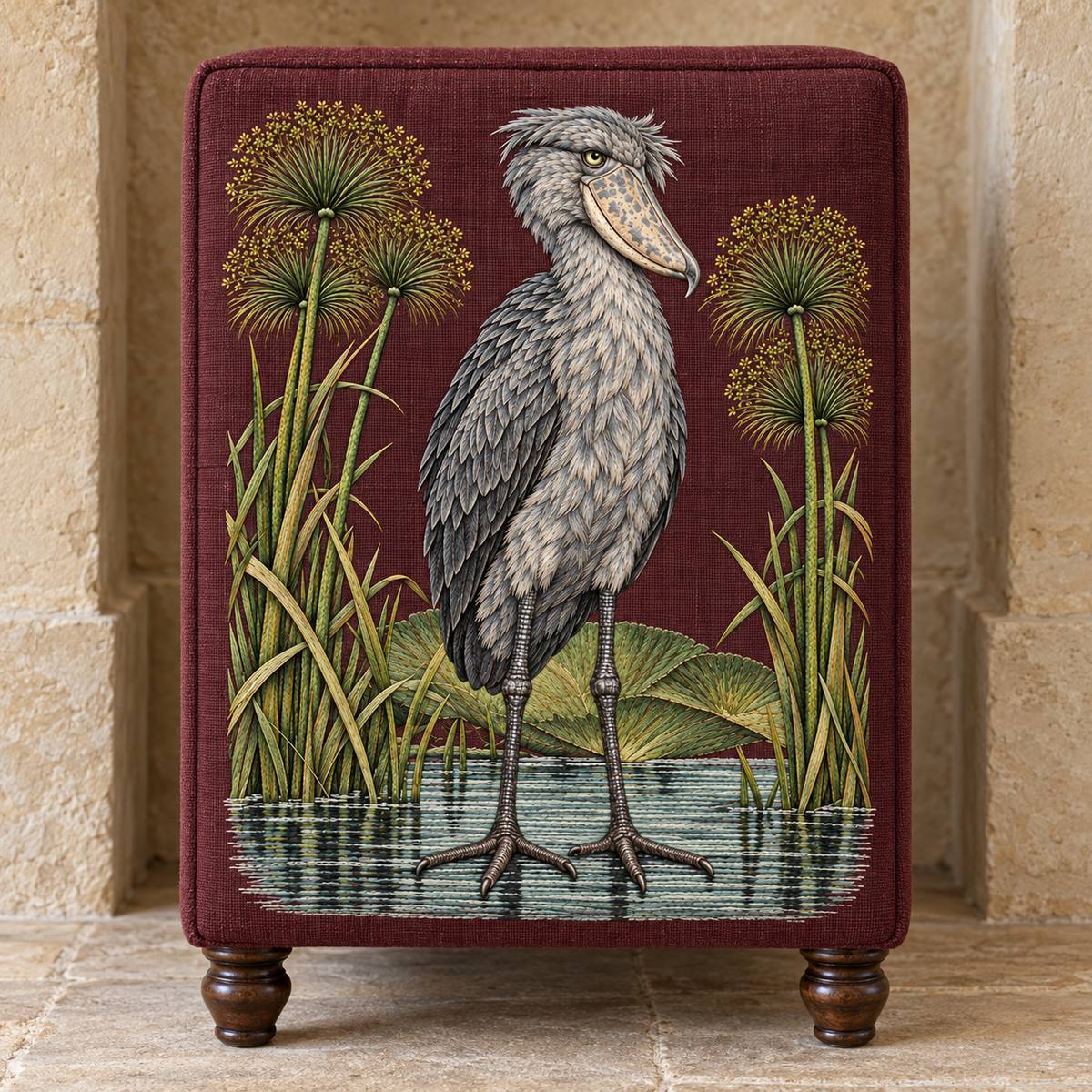 Shoebill embroidery design in a digital mockup of Deep burgundy linen centre panel of a tall rectangular footstool turned upright for a textile exhibition, photographed straight-on against a limestone alcove. Placement inspiration for Study 71.
