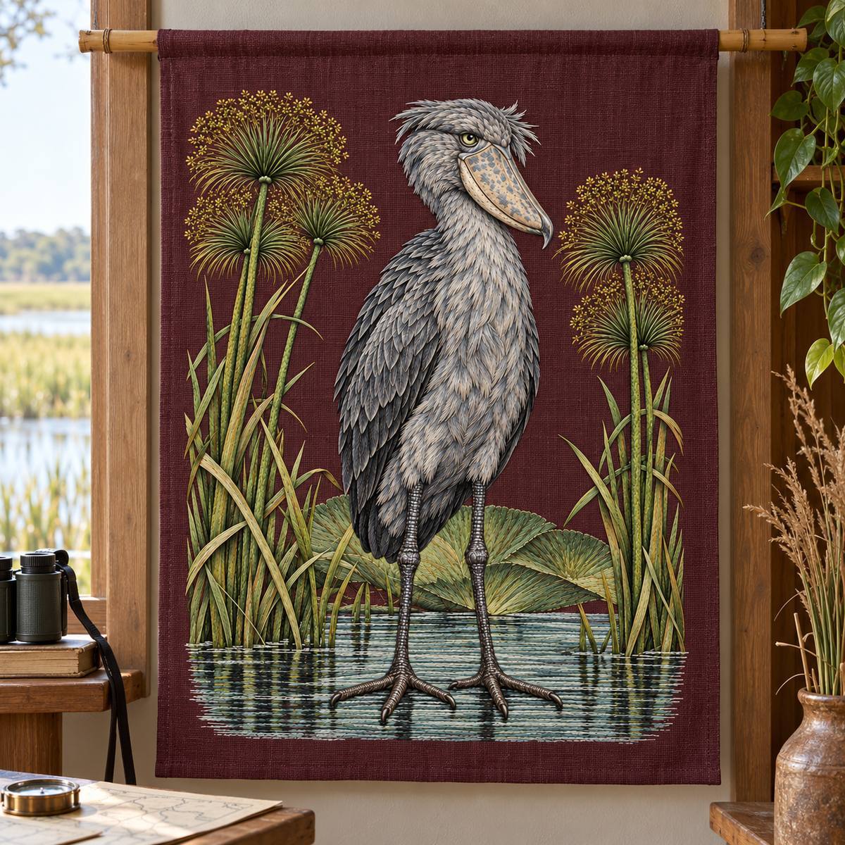 Shoebill embroidery design in a digital mockup of A broad burgundy linen hanging banner, suspended from a slim bamboo rail in a wetland field station interior; the complete embroidery unobstructed. Placement inspiration for Study 71.