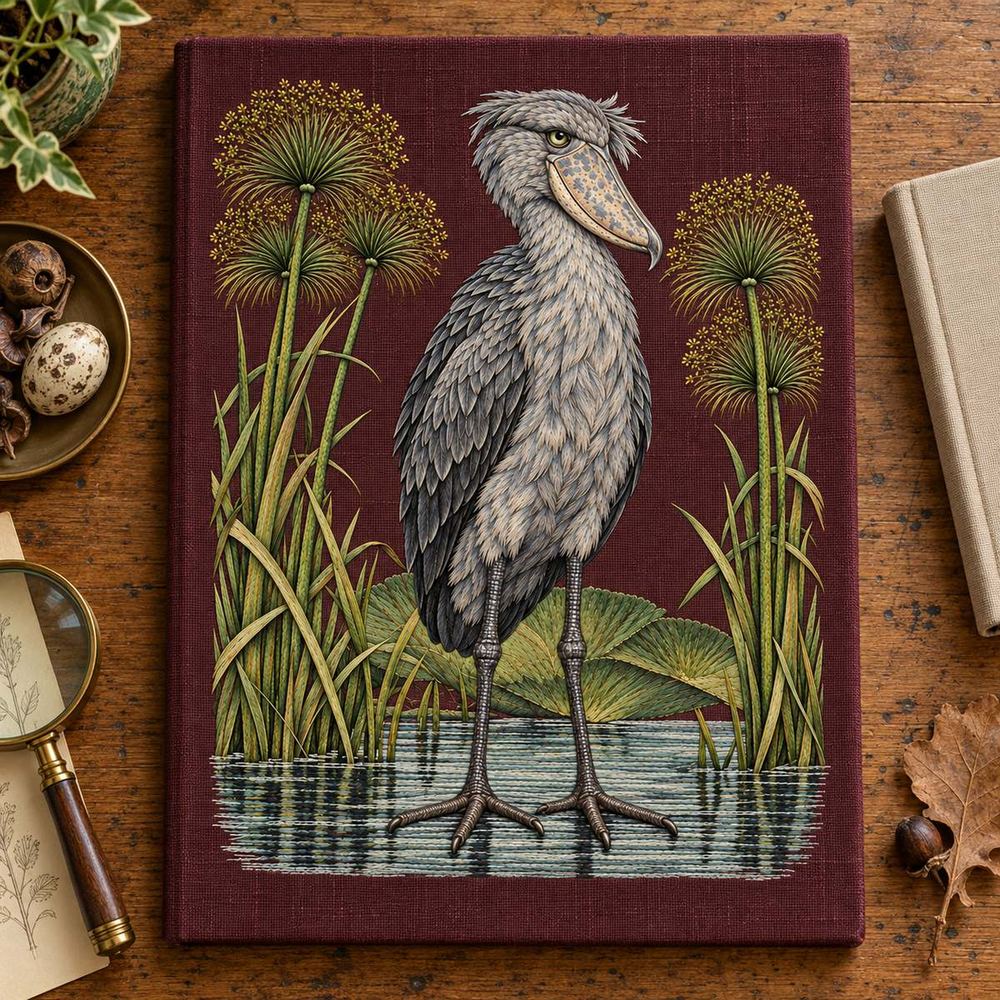 Shoebill embroidery design in a digital mockup of Large rectangular burgundy textile folio cover lying flat on a naturalist's oak desk with a closed blank notebook well outside the motif; overhead view. Placement inspiration for Study 71.