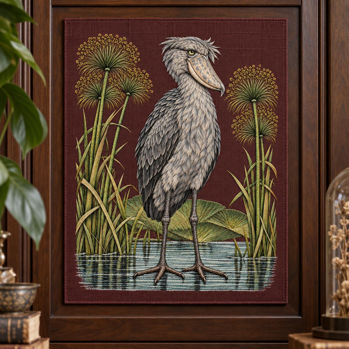 Shoebill embroidery design in a digital mockup of Upright embroidered linen panel on a dark walnut cabinet door, botanical collector's room, square-on camera, hardware entirely outside panel. Placement inspiration for Study 71.