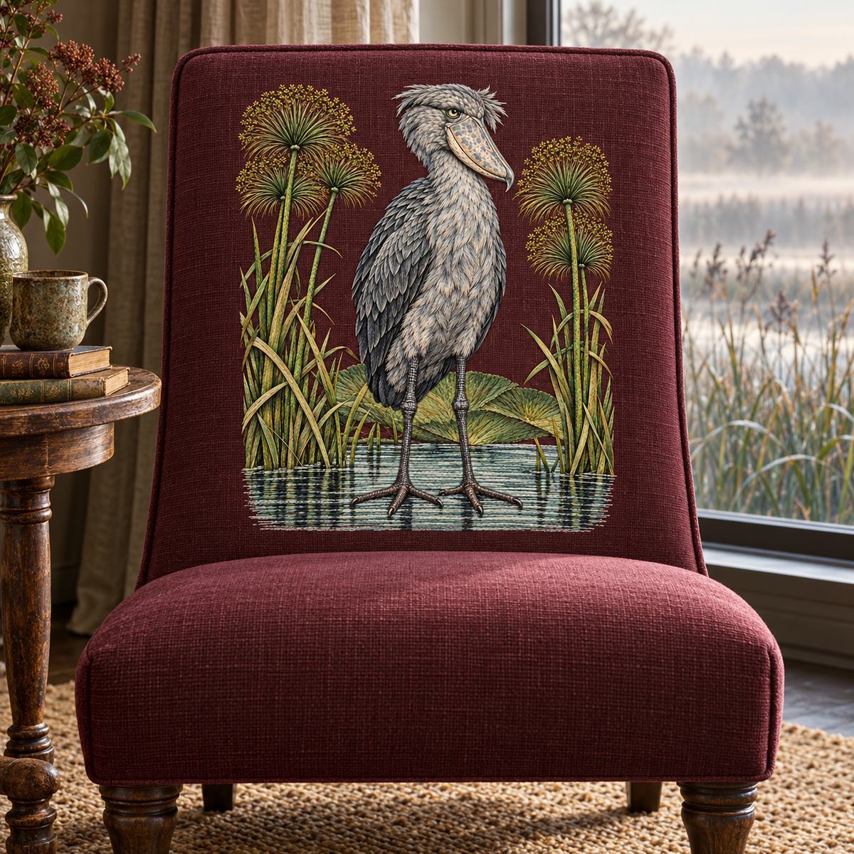 Shoebill embroidery design in a digital mockup of Burgundy embroidered inset on the broad back of an armless reading chair, full bird and papyrus visible, beside a window looking onto misty reeds. Placement inspiration for Study 71.