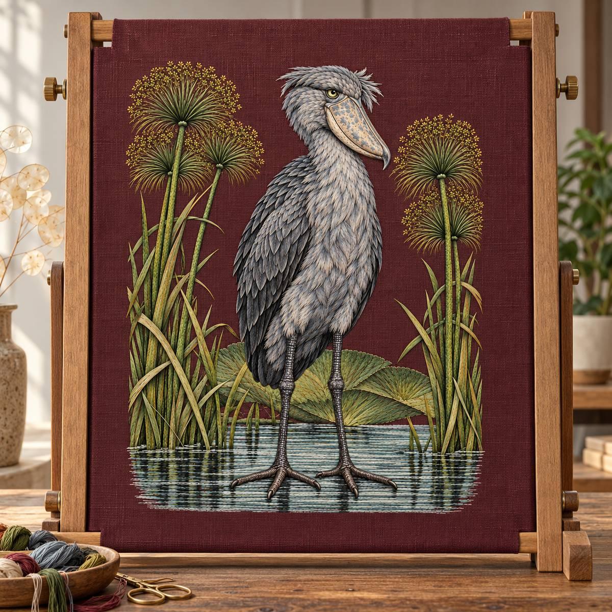 Shoebill embroidery design in a digital mockup of Full-size upright burgundy linen sample on a large rectangular embroidery stand in a quiet studio, threads confined to lower table edge. Placement inspiration for Study 71.