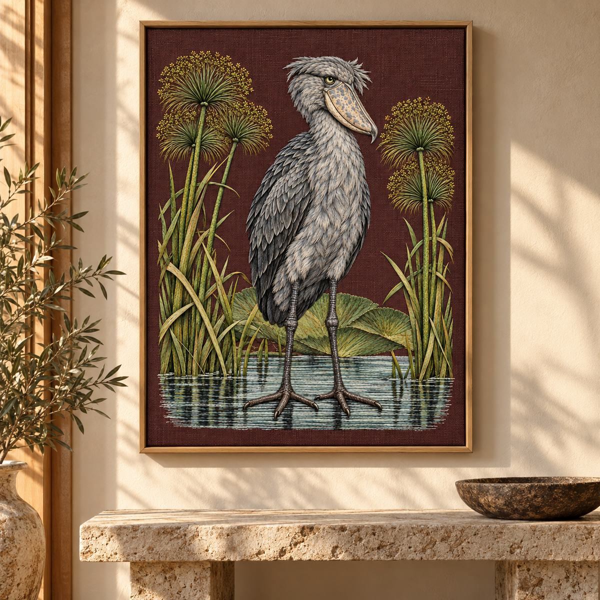Shoebill embroidery design in a digital mockup of Rectangular embroidered wall textile in a narrow oak float frame above a small stone bench, warm late-afternoon light, no glazing reflections. Placement inspiration for Study 71.
