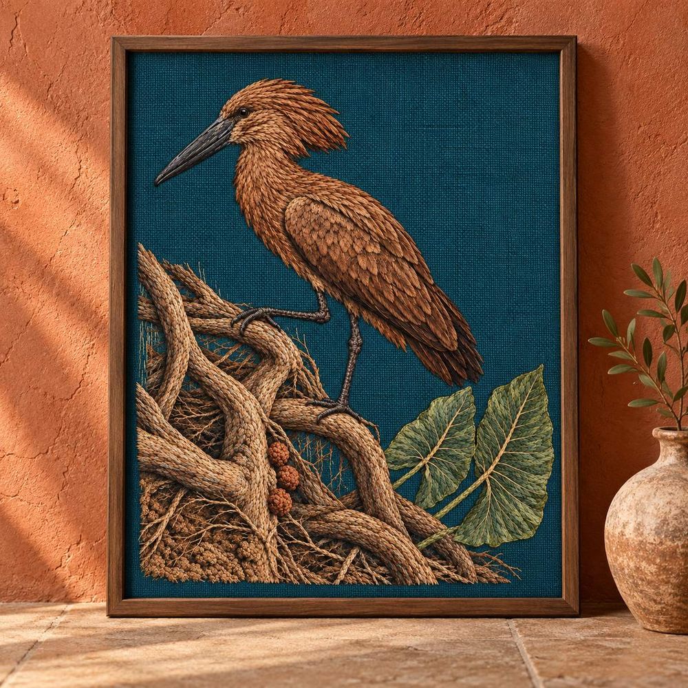 Hamerkop embroidery design shown in a digital mockup of Large framed petrol embroidery resting on the floor against a rough terracotta wall, small pottery vessel far to the side, composition largely textile. Study 72.