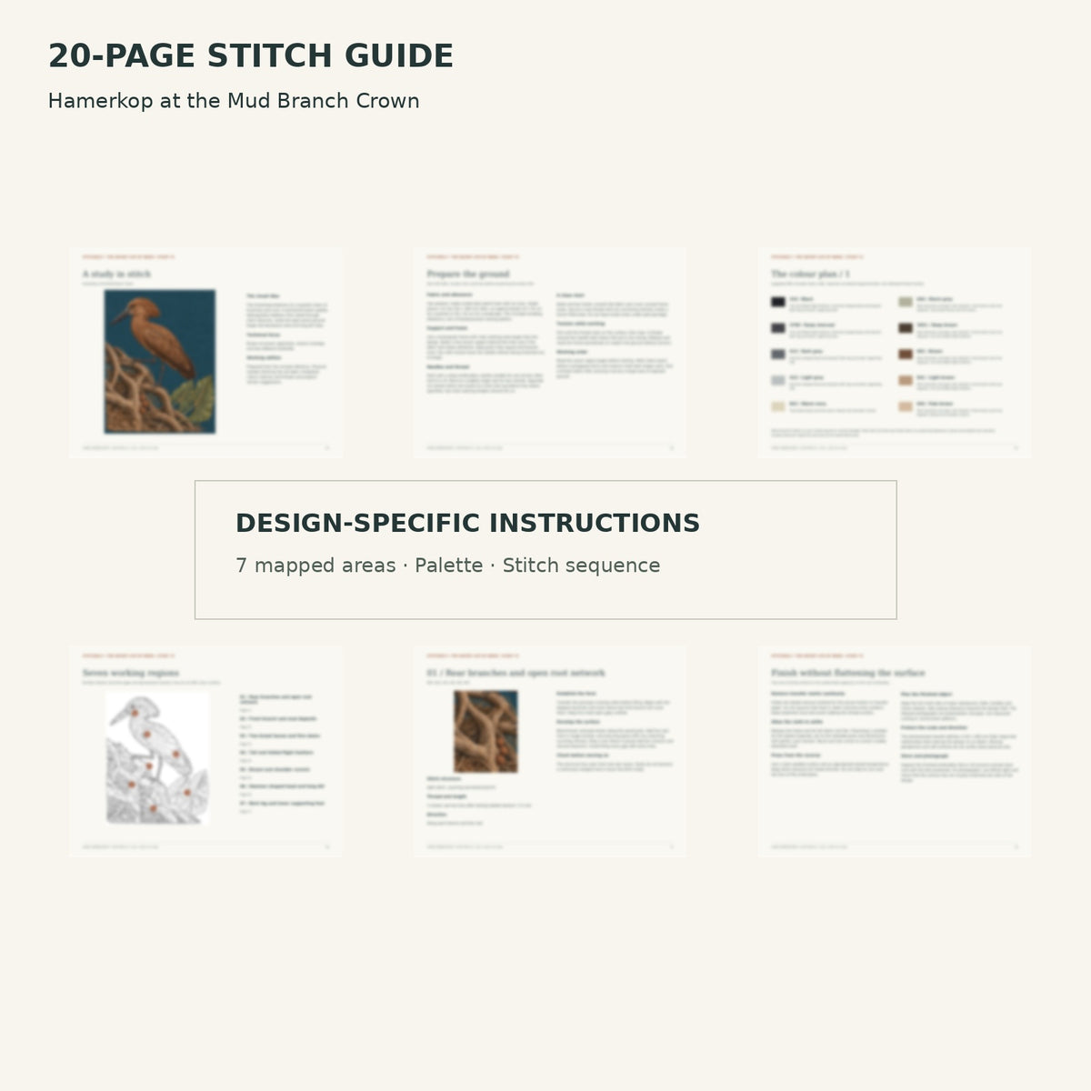 Protected page overview of the 20-page Hamerkop stitch guide, including its numbered map, suggested palette and working sequence.