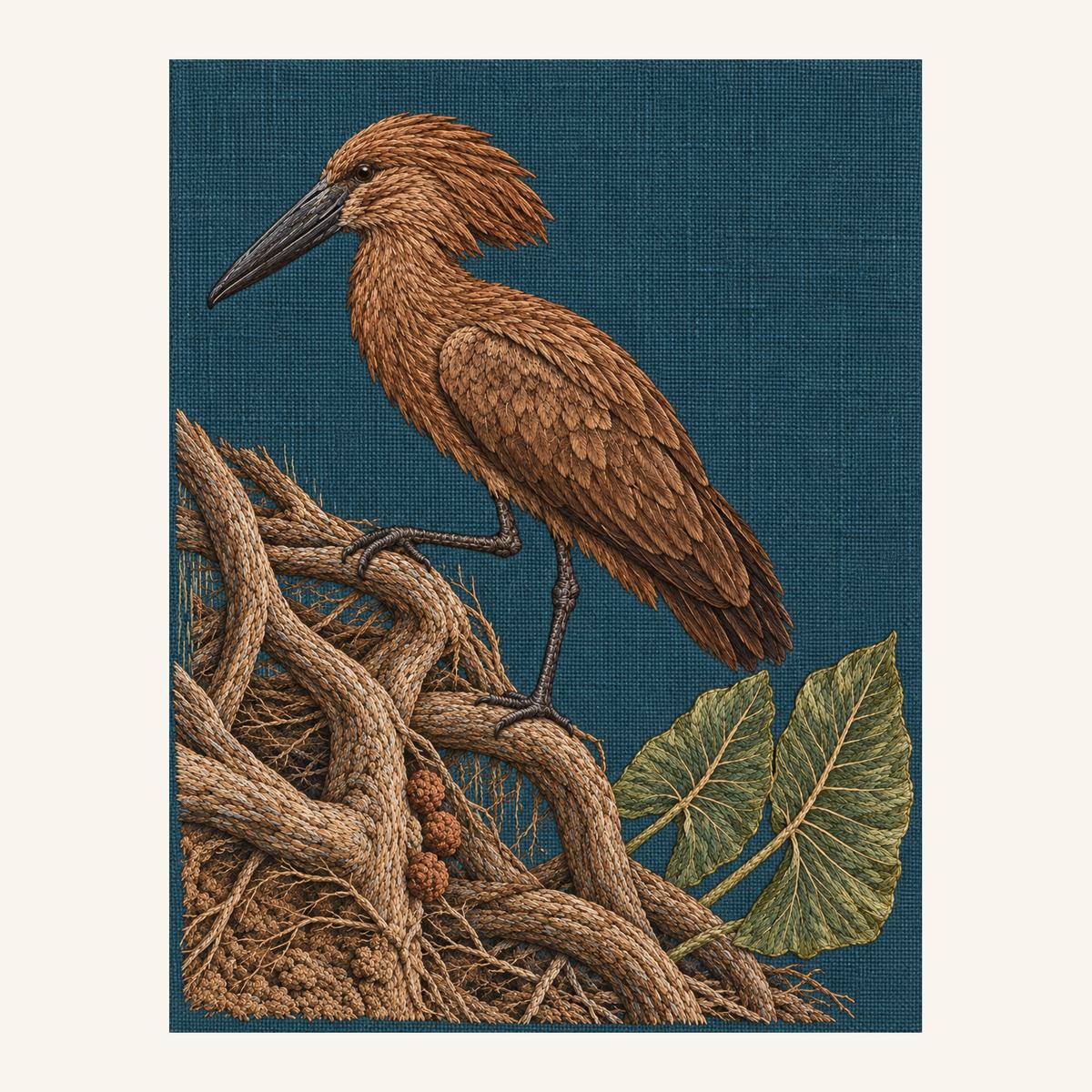 Digital embroidery reference showing a hamerkop above branches and mud on muted dark petrol linen, portrait composition.