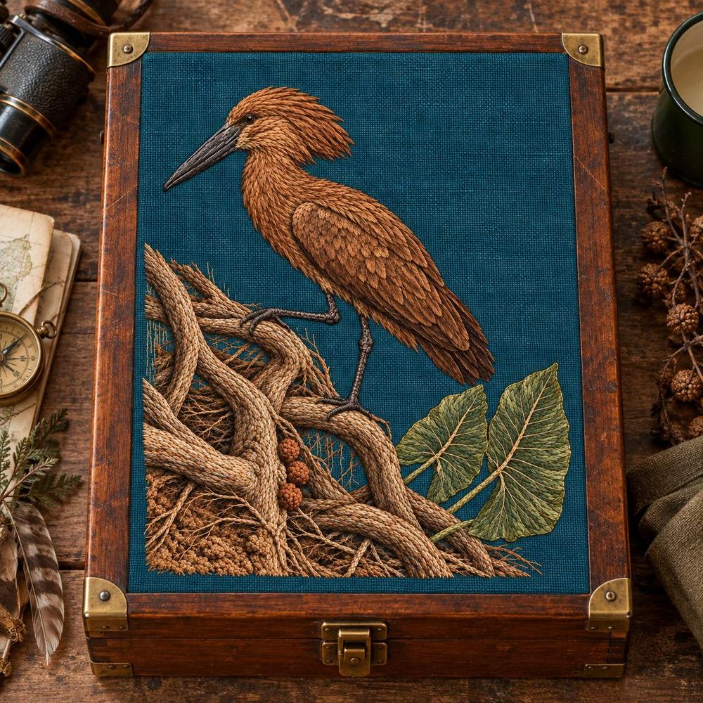 Hamerkop embroidery design in a digital mockup of Petrol linen embroidered panel fitted to the flat outer face of a large naturalist's wooden field case, lid closed on an expedition packing table; no straps crossing motif. Placement inspiration for Study 72.