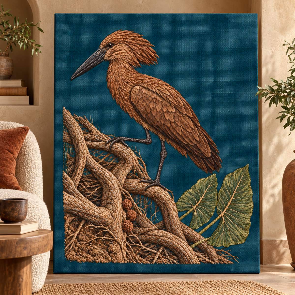 Hamerkop embroidery design in a digital mockup of Upright petrol embroidered textile on a broad room-divider panel in an earthy mud-plaster reading nook; panel surface uninterrupted. Placement inspiration for Study 72.