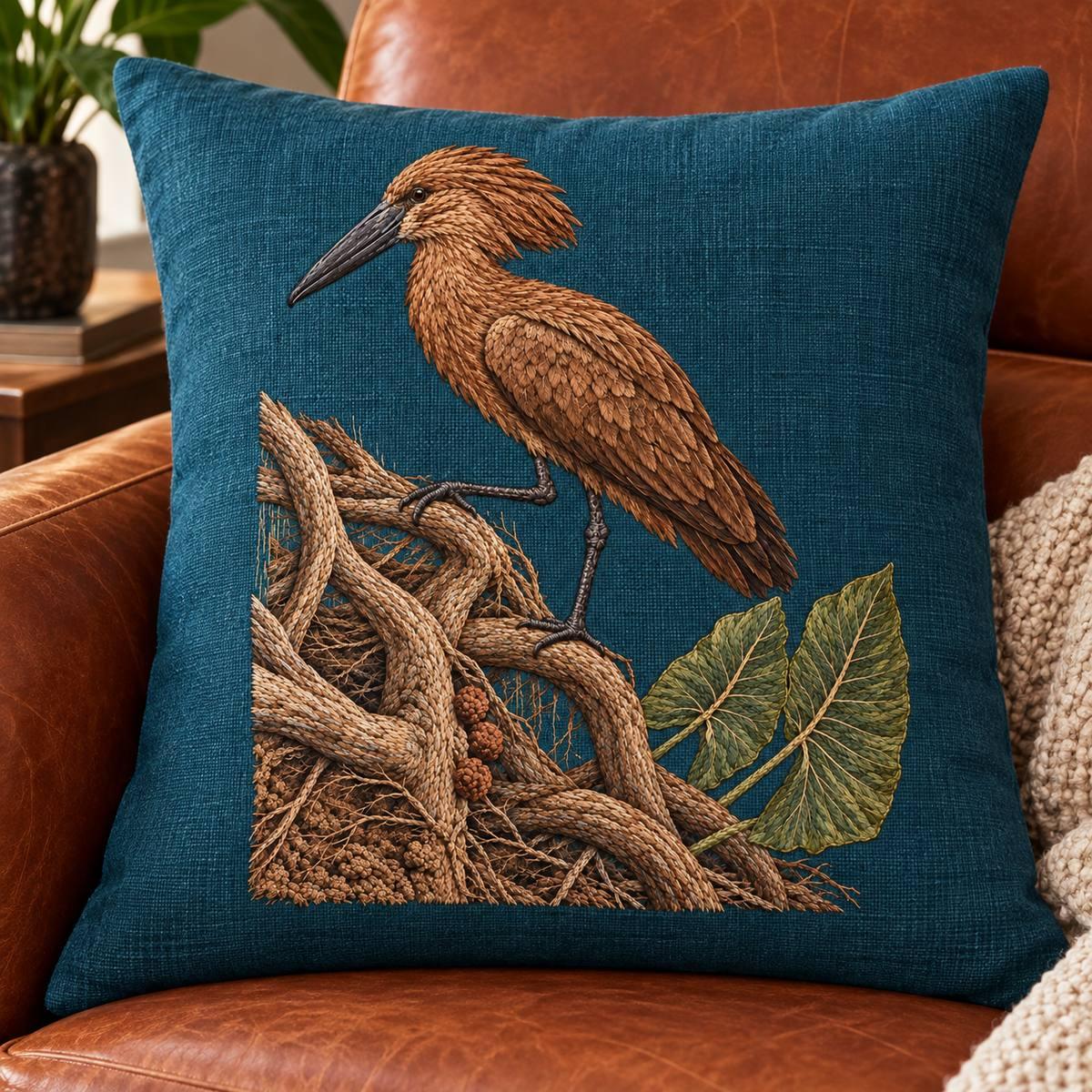 Hamerkop embroidery design in a digital mockup of A substantial petrol linen cushion with a tall rectangular face on a rust leather lounge chair, entire vertical branch-and-bird motif flat and clear. Placement inspiration for Study 72.