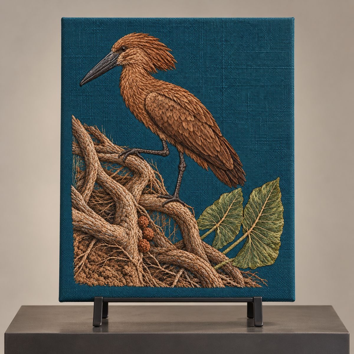 Hamerkop embroidery design in a digital mockup of Large petrol embroidered linen portfolio presented upright on a blackened steel easel in a craft gallery, blank surroundings. Placement inspiration for Study 72.