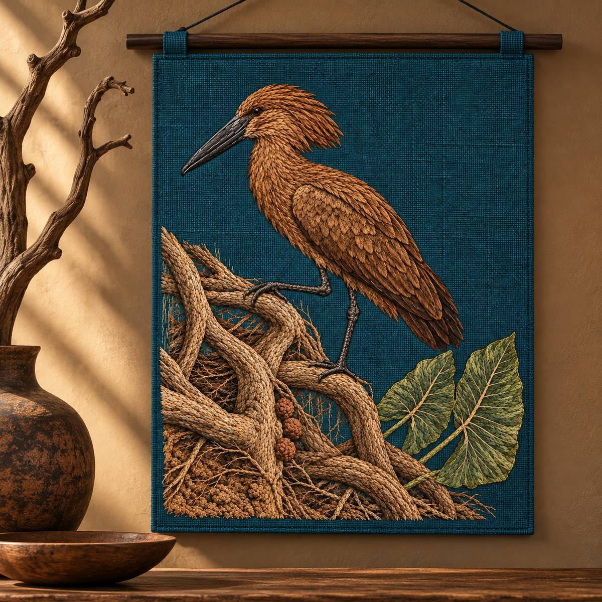 Hamerkop embroidery design in a digital mockup of Deep petrol wall hanging from a dark wooden dowel beside a sculptural bare branch in an African-inspired earth-tone studio; no props overlap art. Placement inspiration for Study 72.